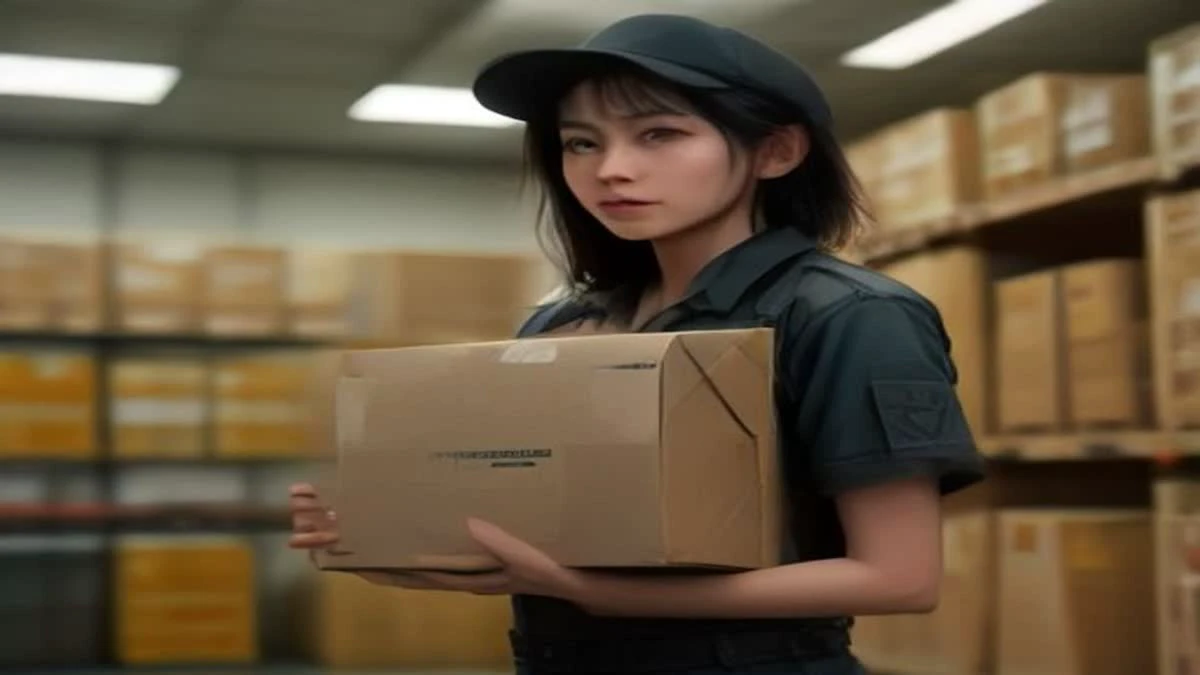 Illustration: medium shot of a courier scanning a parcel at a bright logistics counter, overcast diffused light
